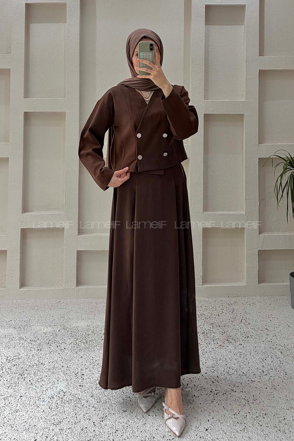 Lamelif Crop Ceket-Etek Takım Kahverengi