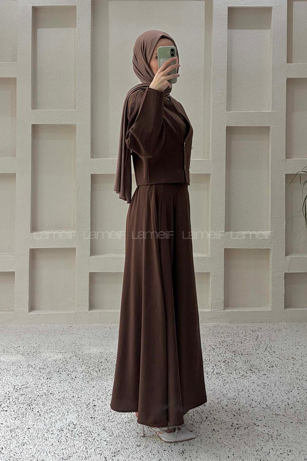 Lamelif Crop Ceket-Etek Takım Kahverengi