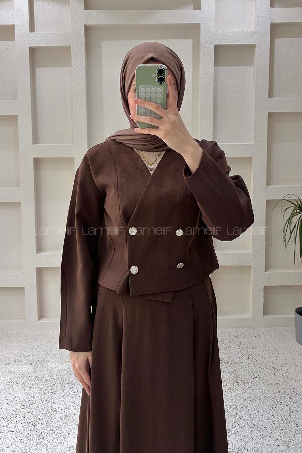 Lamelif Crop Ceket-Etek Takım Kahverengi
