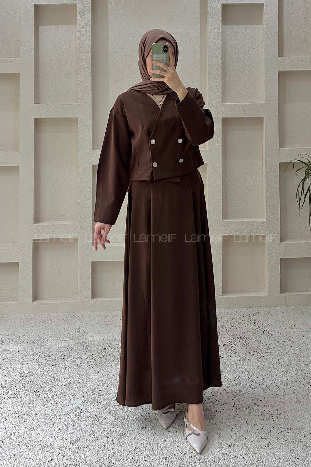 Lamelif Crop Ceket-Etek Takım Kahverengi