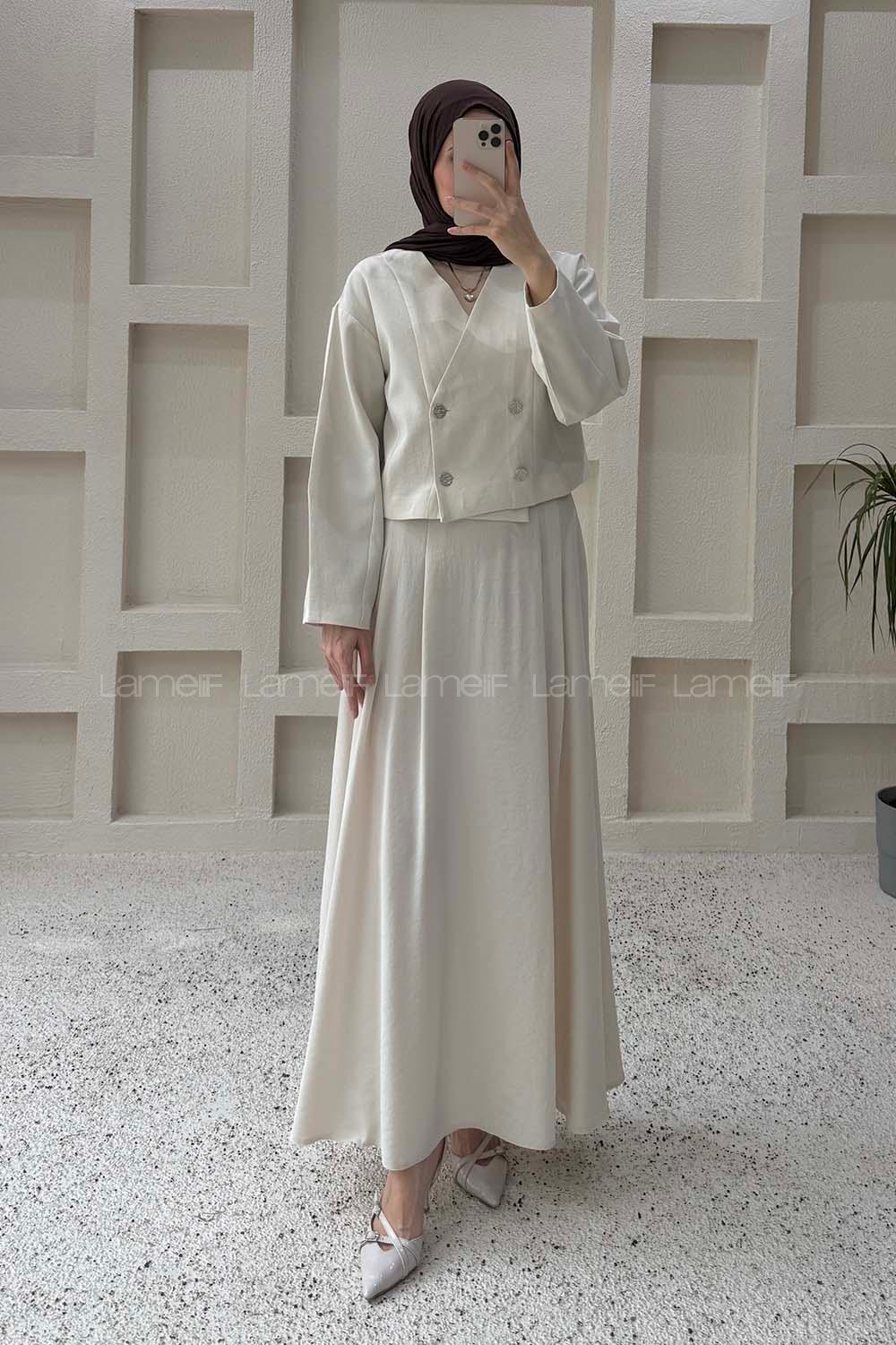 Lamelif Crop Ceket-Etek Takım Taş Rengi