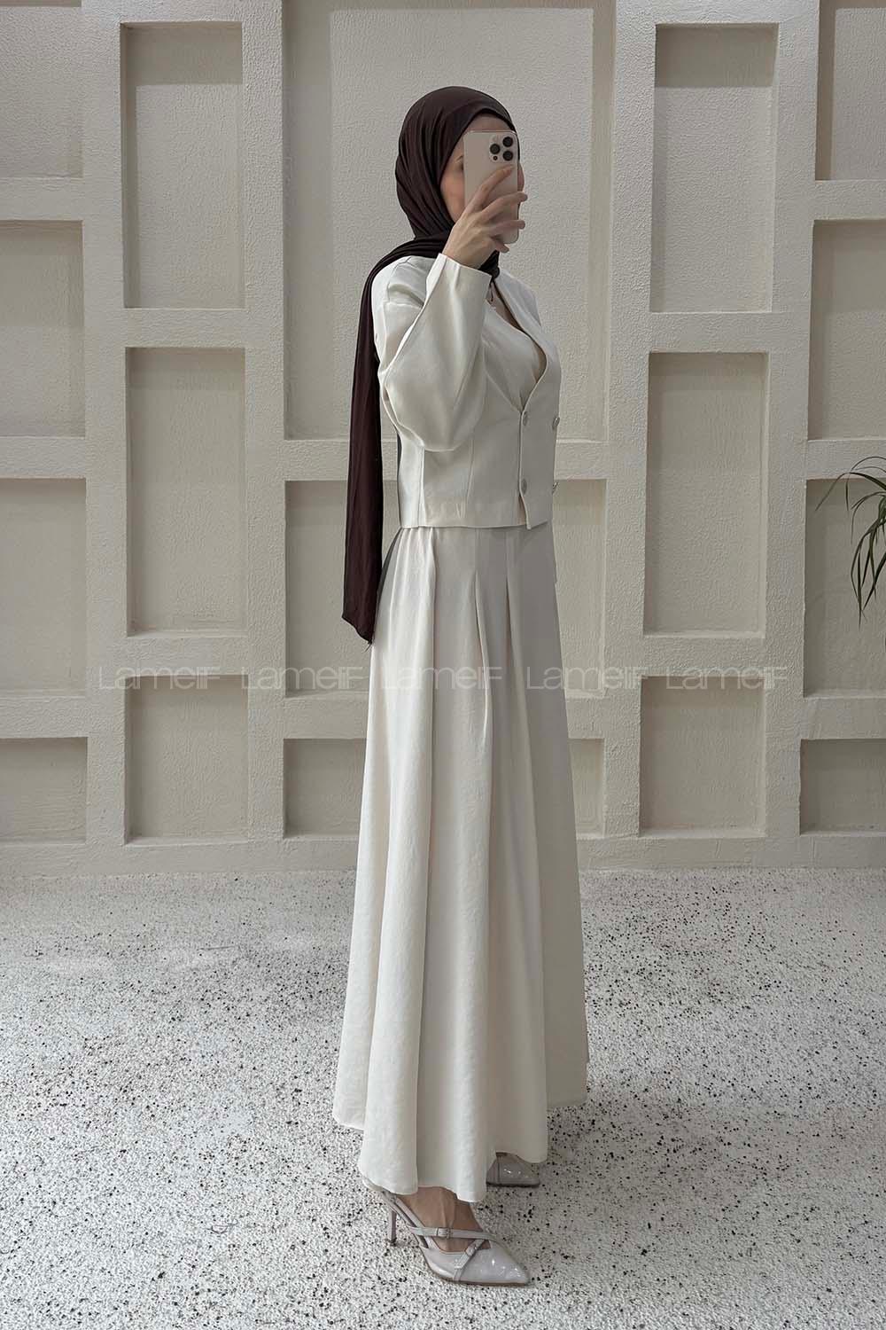 Lamelif Crop Ceket-Etek Takım Taş Rengi