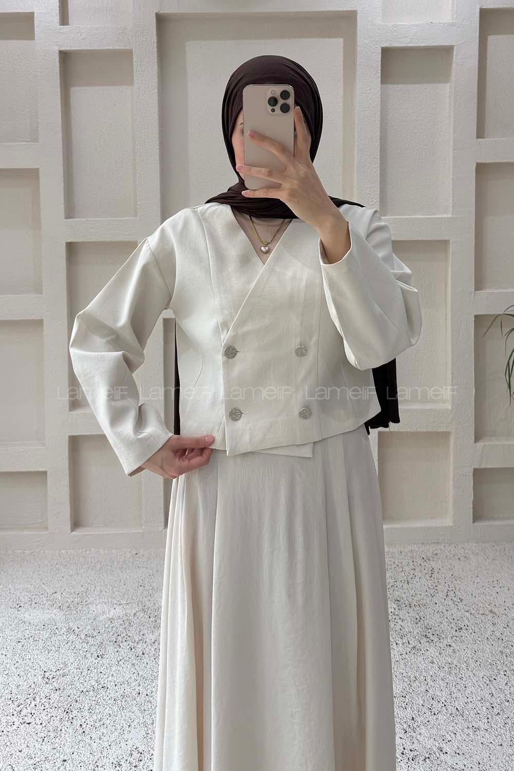 Lamelif Crop Ceket-Etek Takım Taş Rengi