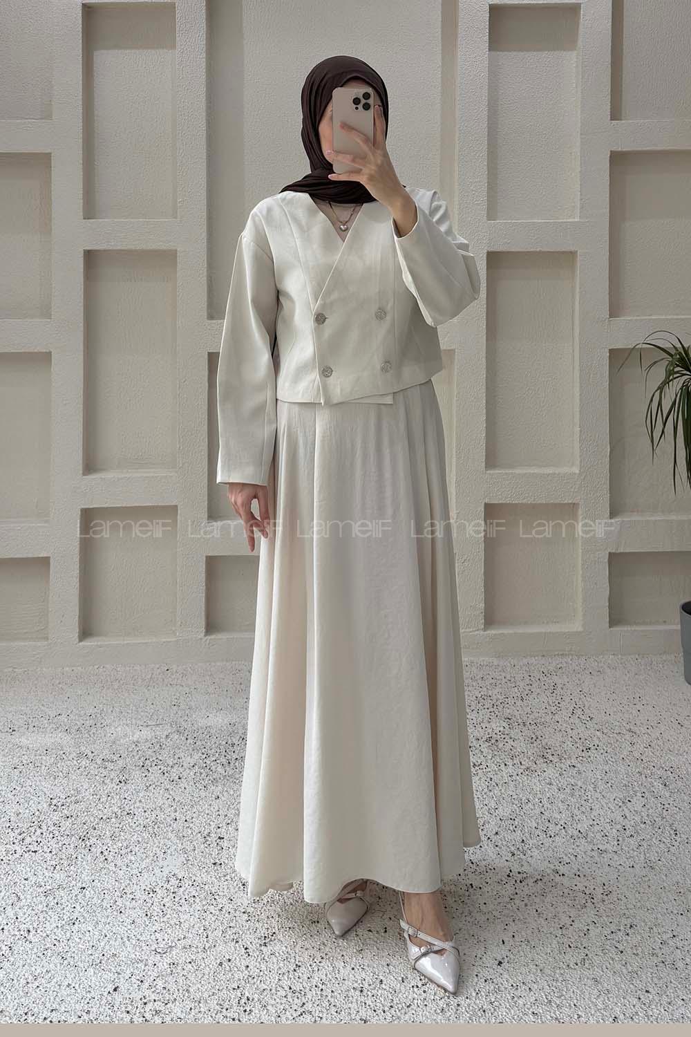 Lamelif Crop Ceket-Etek Takım Taş Rengi
