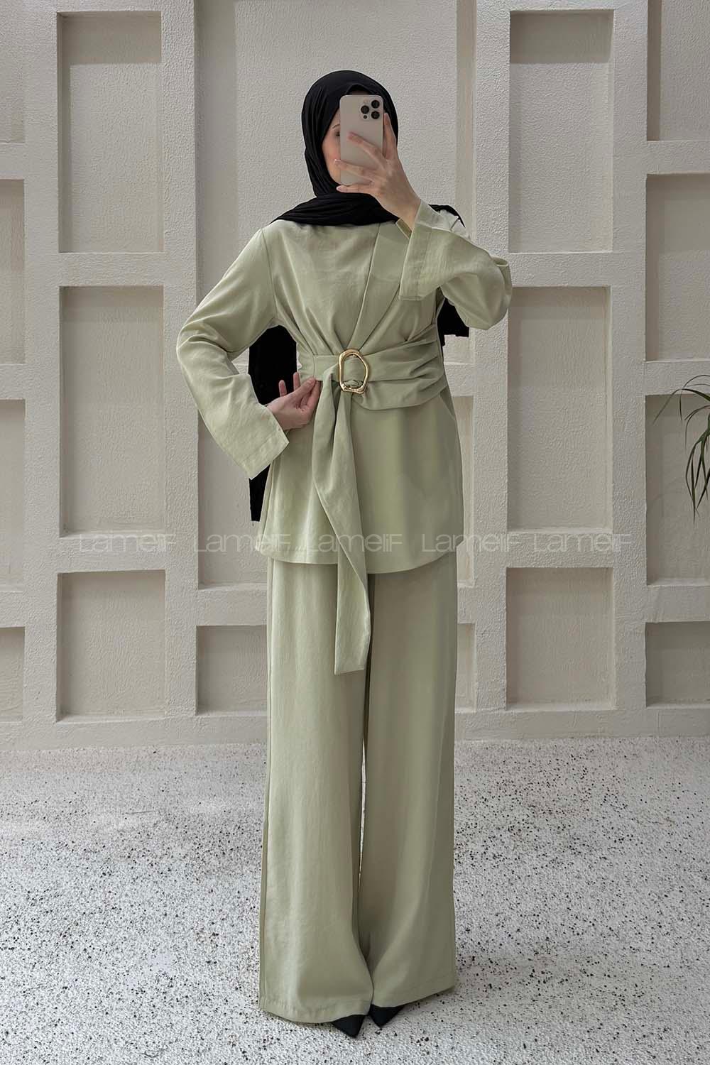 Plum Green Crew Neck Long Arm Crepe Fabric Regular Trousers Comfortable Suit