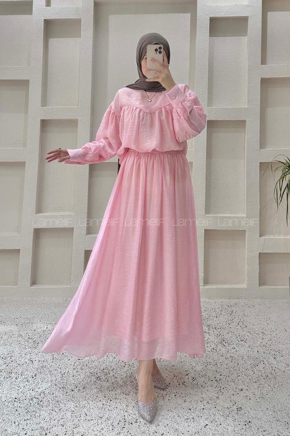 Lamelif Biye Detaylı Etekli Takım Pembe
