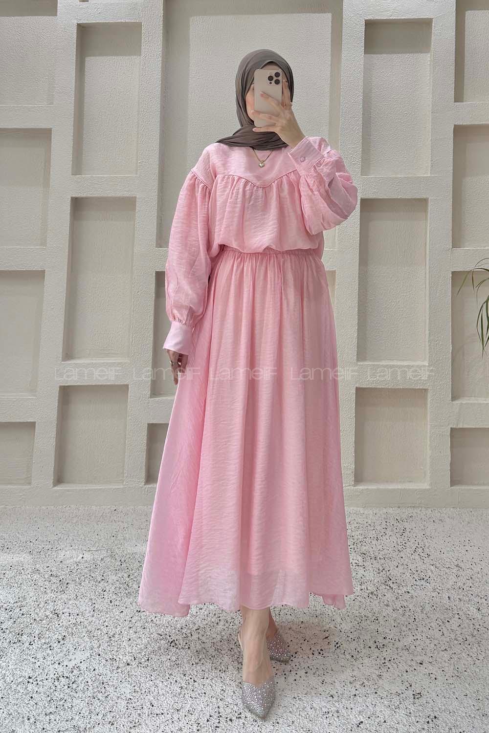 Lamelif Biye Detaylı Etekli Takım Pembe