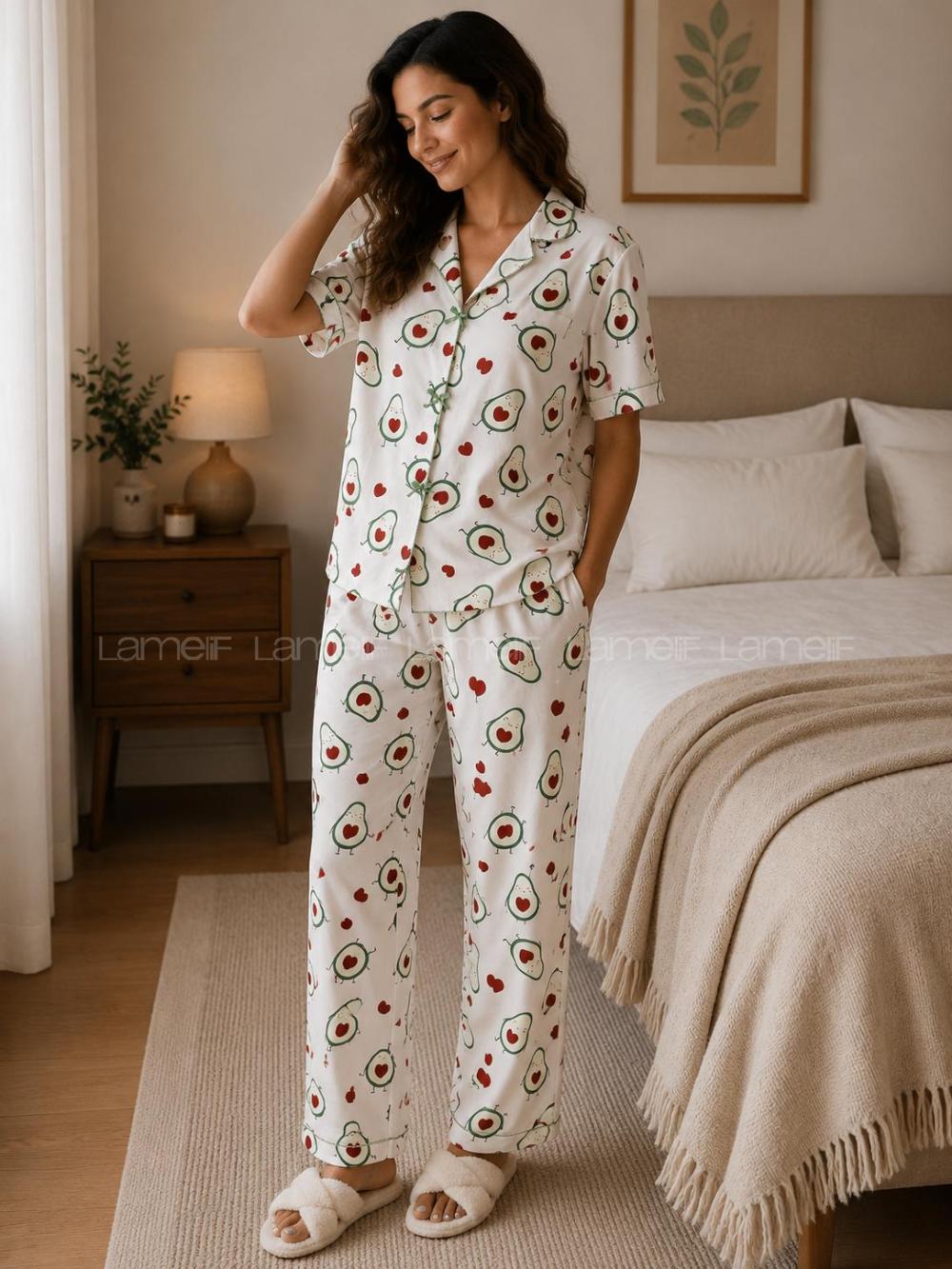 Lamelif Kadın Avakado  Desenli Fiyonk Özel Dikiş Pijama Takımı