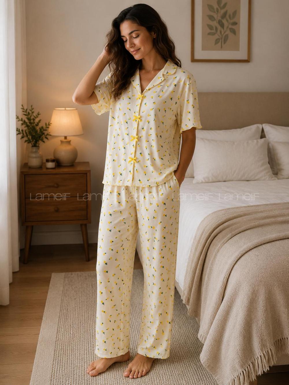 Lamelif Kadın Limon Desenli Fiyonk Özel Dikiş Pijama Takımı