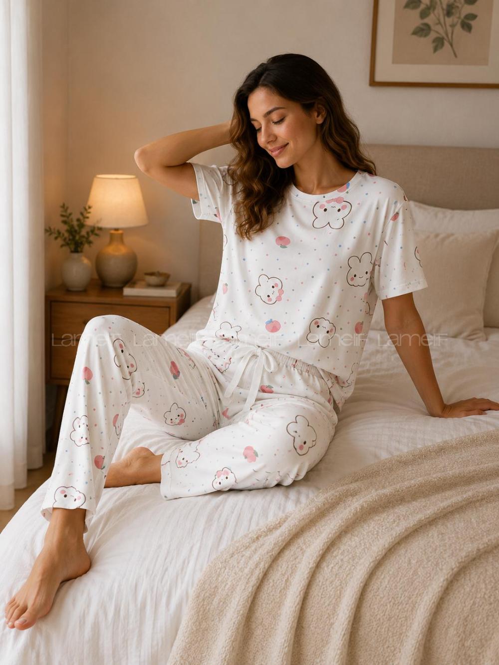 Lamelif Kadın Milan Kumaş Bulut Rüyası  Desen  Pijama Takımı
