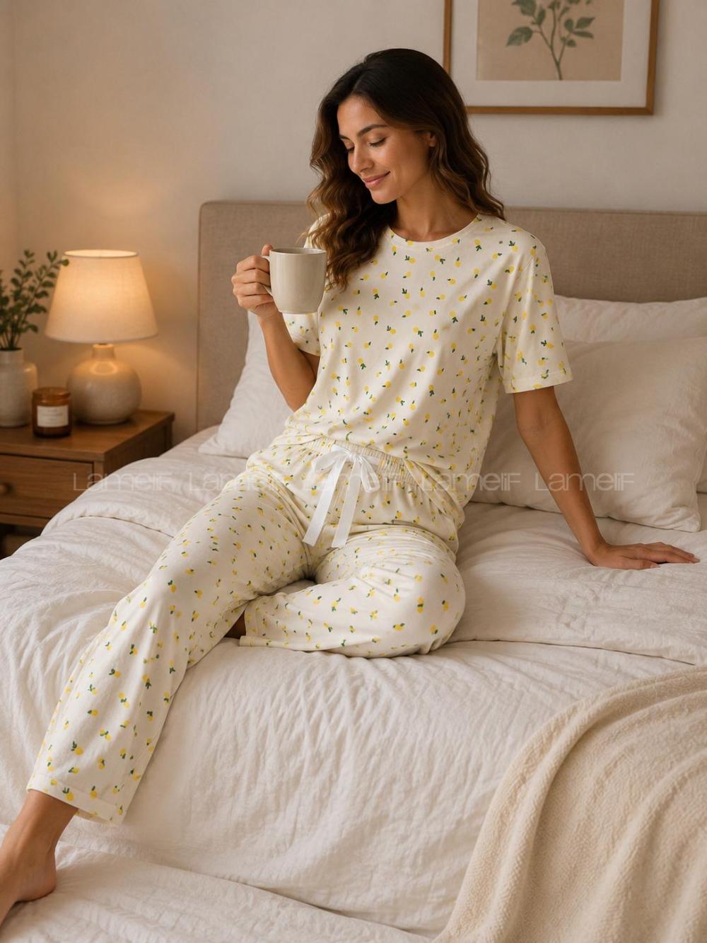 Lamelif Kadın Milan Kumaş Limon  Desen  Pijama Takımı
