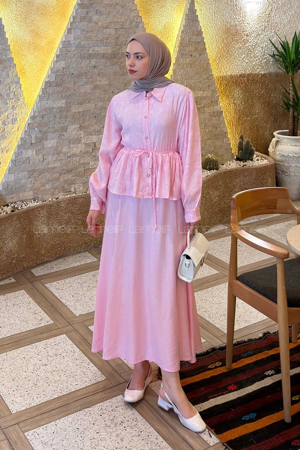 Pink Shirt Collar Long Arm Viscose Fabric Flared Skirt Suit