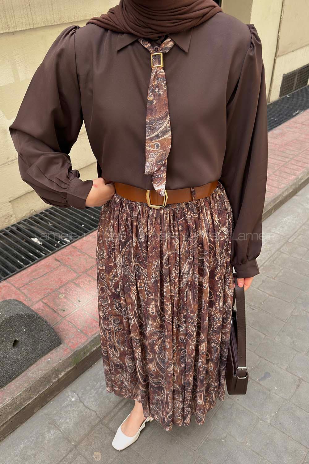 Lamelif Fular Detaylı Desenli Etekli Takım Acı Kahve