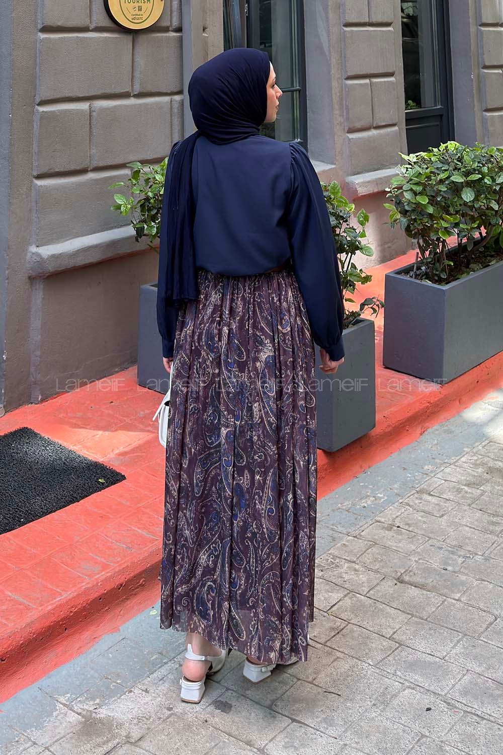 Lamelif Fular Detaylı Desenli Etekli Takım Lacivert