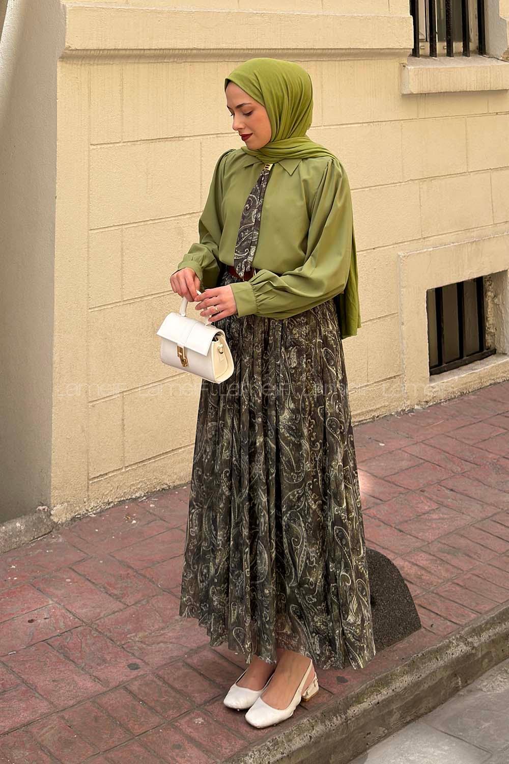 Lamelif Fular Detaylı Desenli Etekli Takım Yeşil