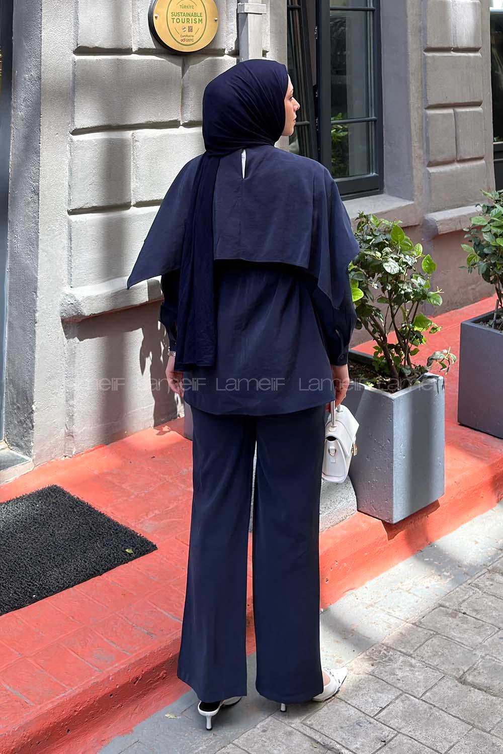 Navy Blue Crew Neck Long Arm Modal Regular Trousers Comfortable Suit
