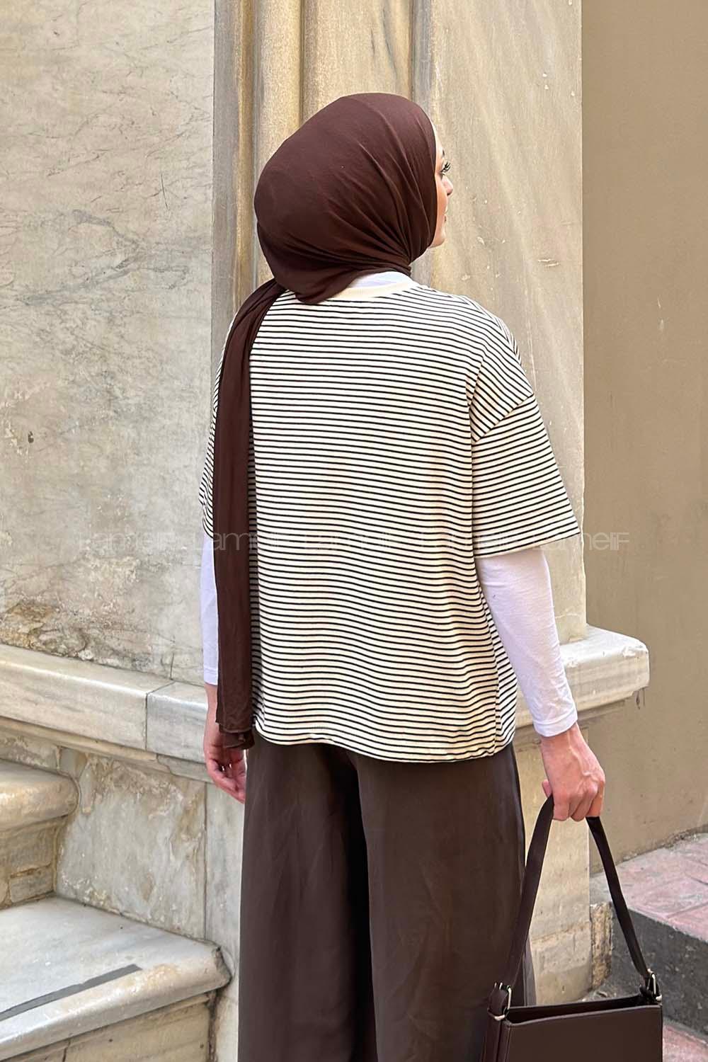 Lamelif Çizgili T-shirt Bej-Kahverengi