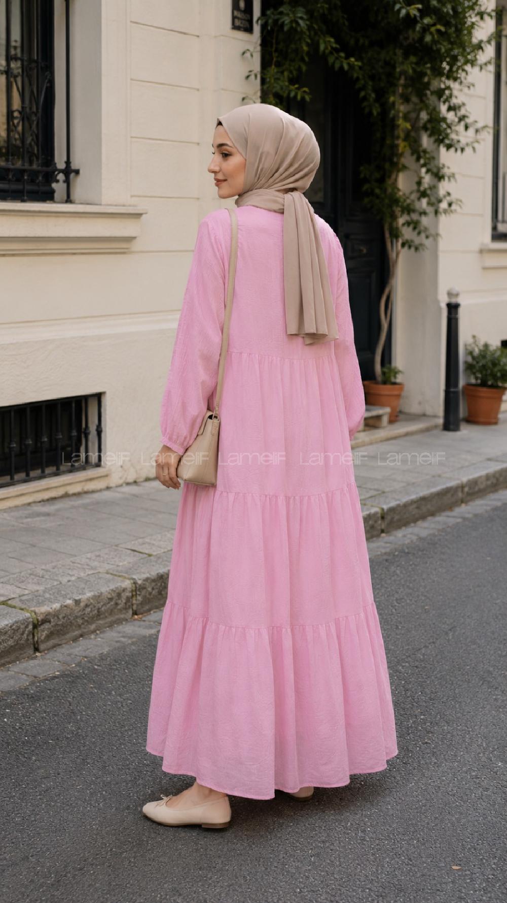 Lamelif Krinkıl Düğme Kapama Elbise Pembe