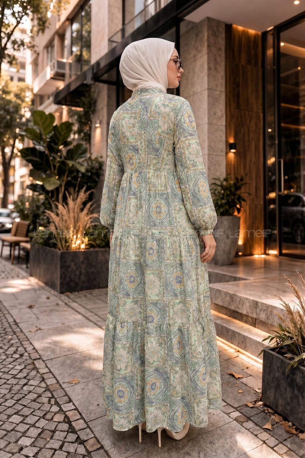 Lamelif Katleya Çiçek Desenli Elbise Yeşil