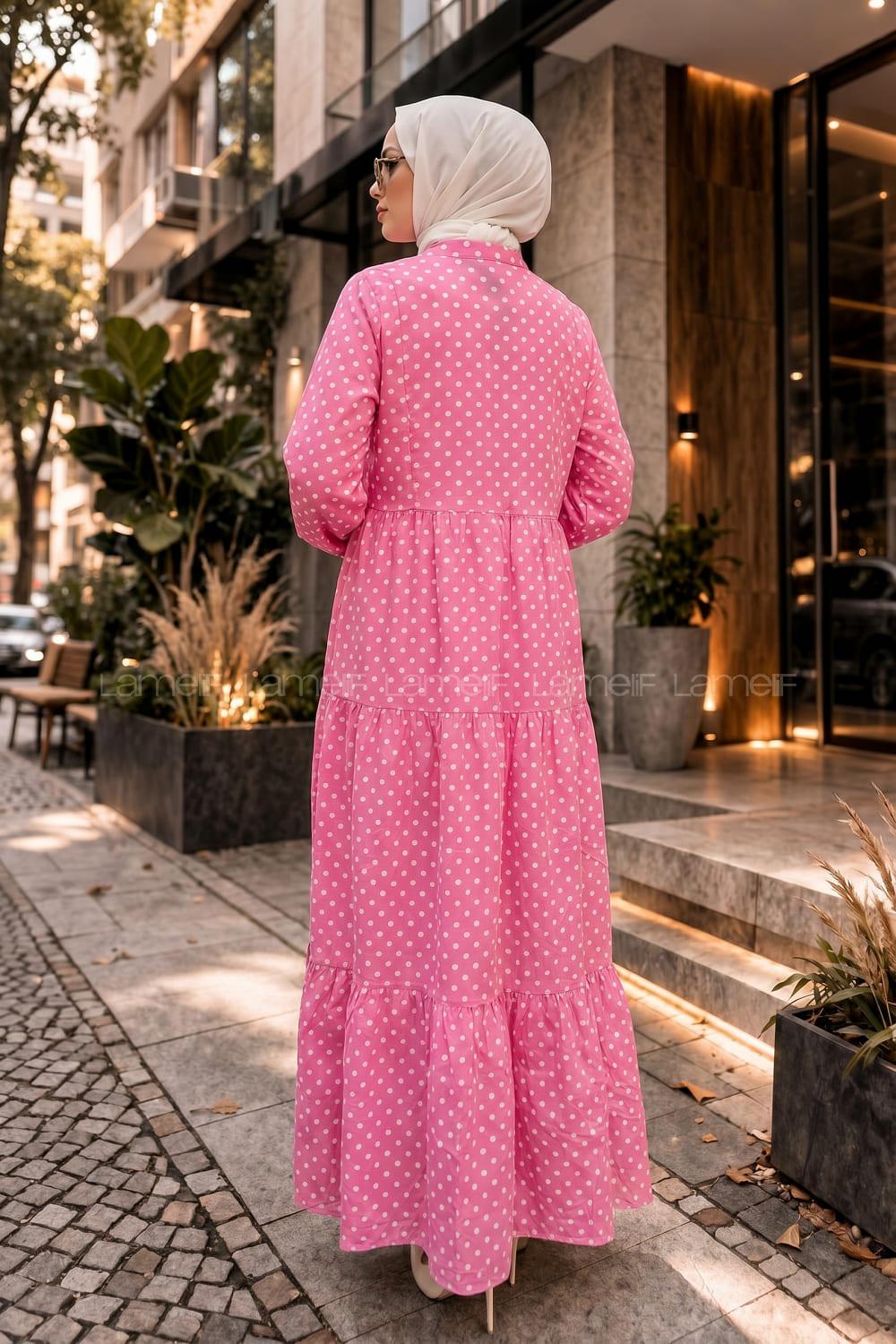 Lamelif Puantiye Desenl Elbise Pembe