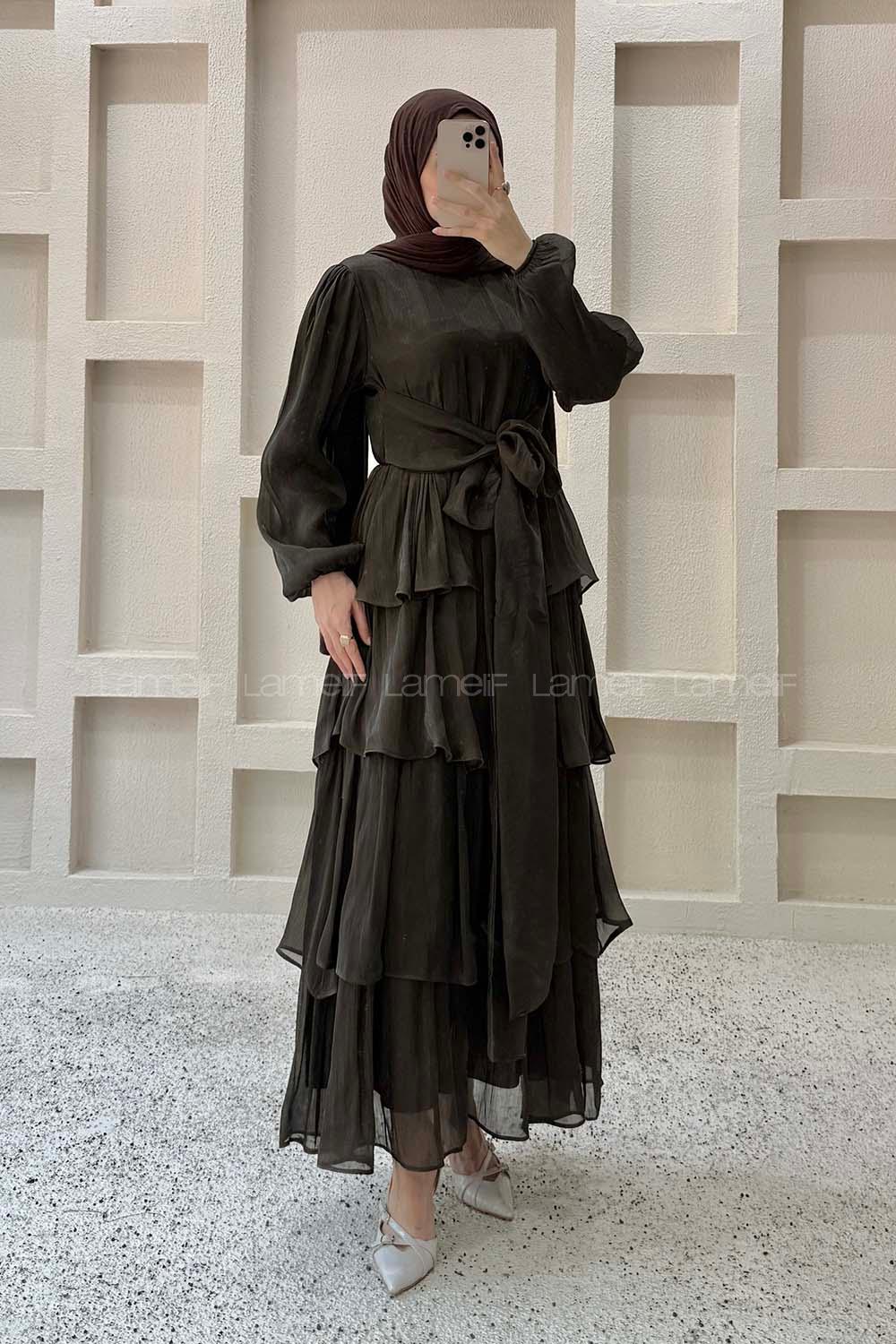Lamelif Balon Kol Bağlama Detaylı Saten Elbise Acı Kahve
