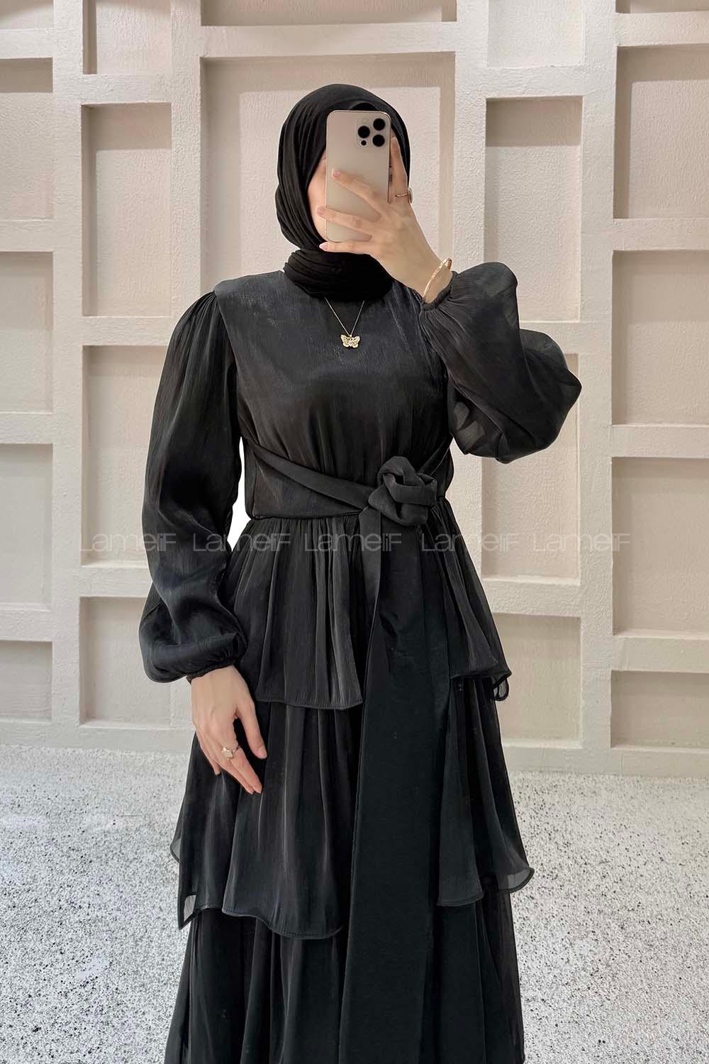 Lamelif Balon Kol Bağlama Detaylı Saten Elbise Siyah