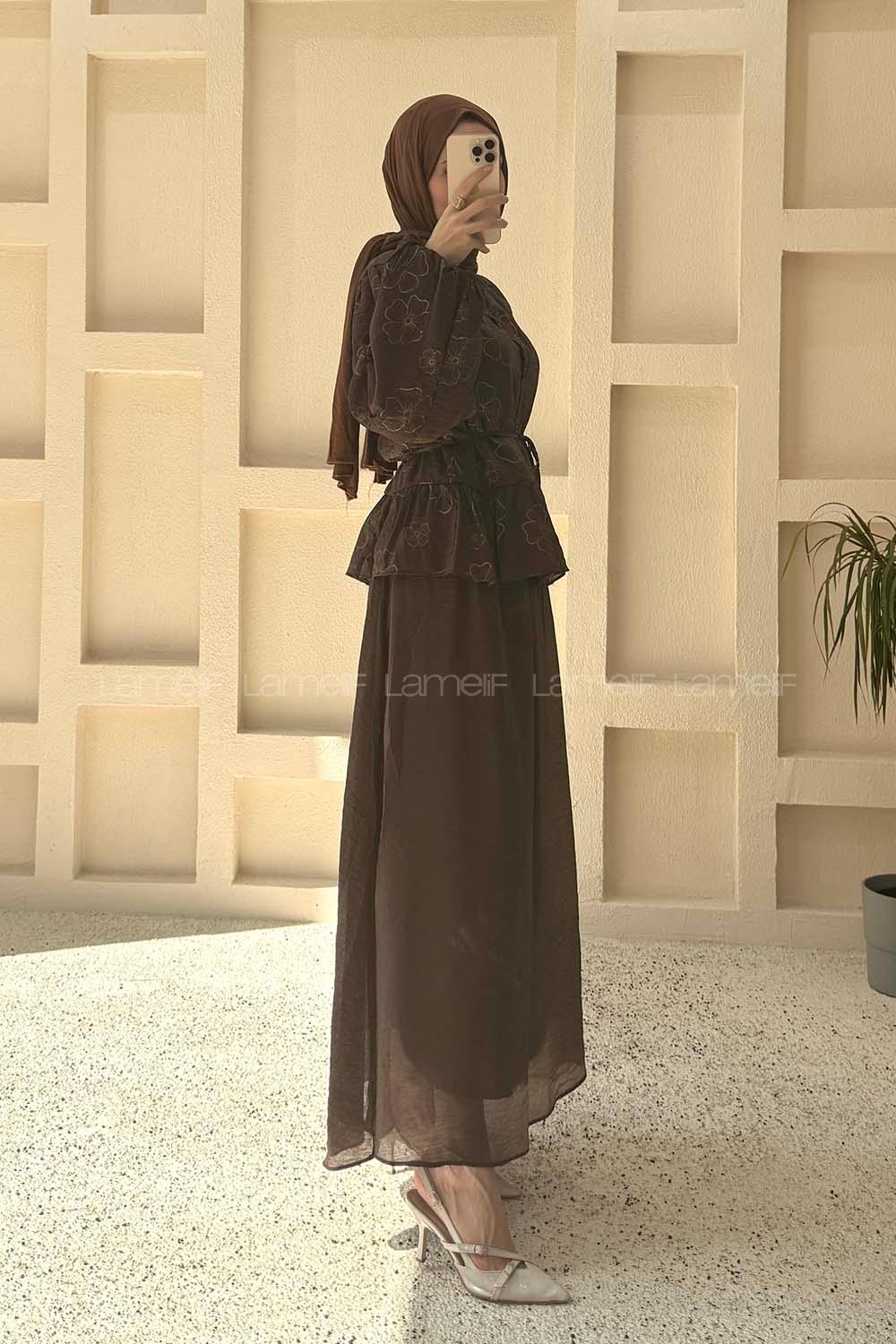 Lamelif Çiçek Desenli Bağlama Detaylı Takım Acı Kahve