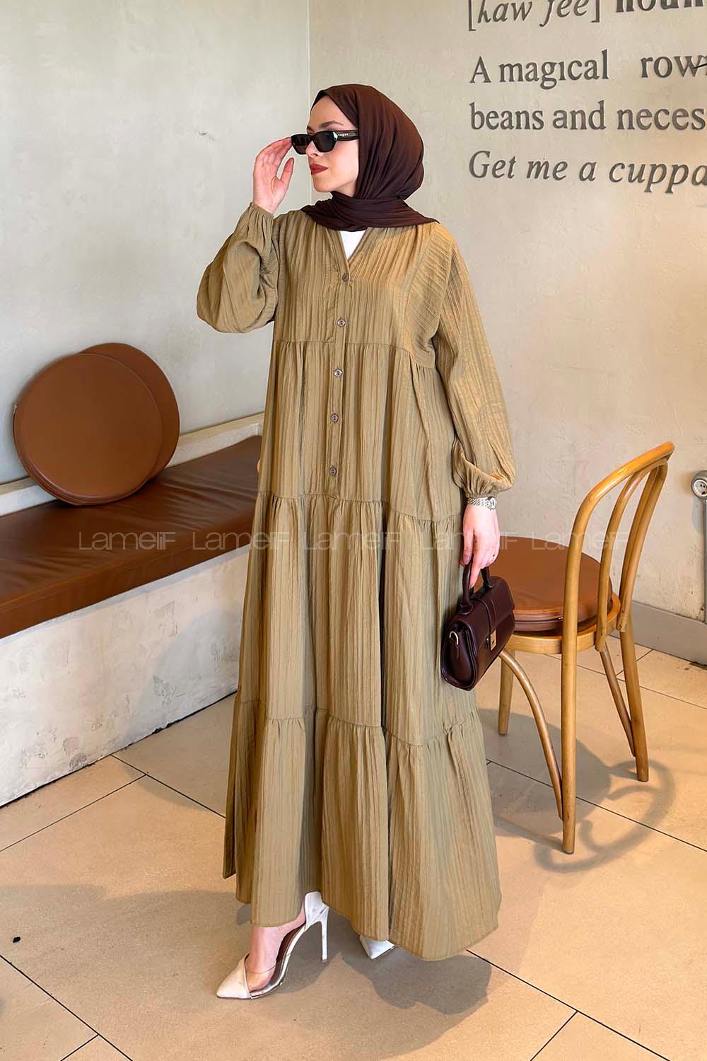 Khaki Mandarin Collar Cotton Dresess