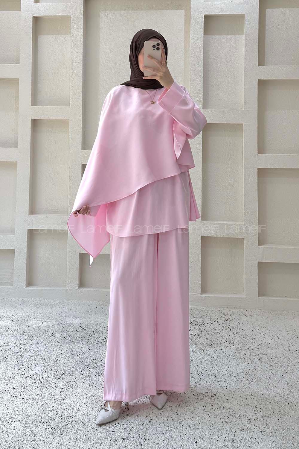 Candy Pink Crew Neck Long Arm Sandy Fabric Regular Trousers Comfortable Suit