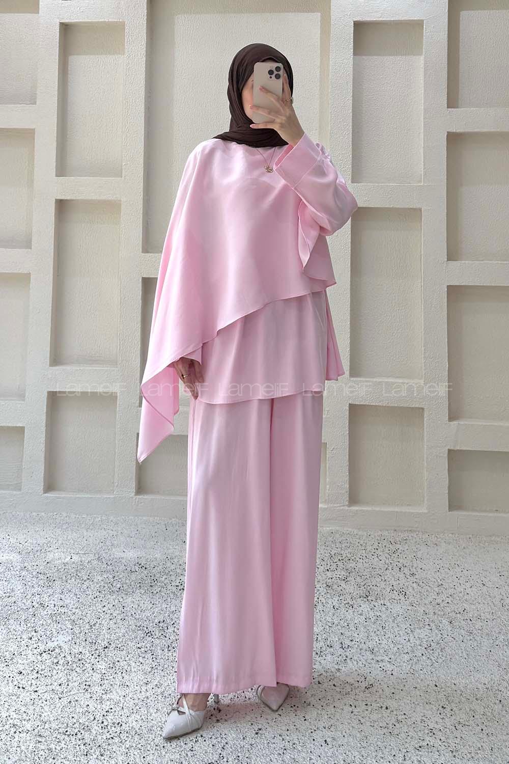 Candy Pink Crew Neck Long Arm Sandy Fabric Regular Trousers Comfortable Suit