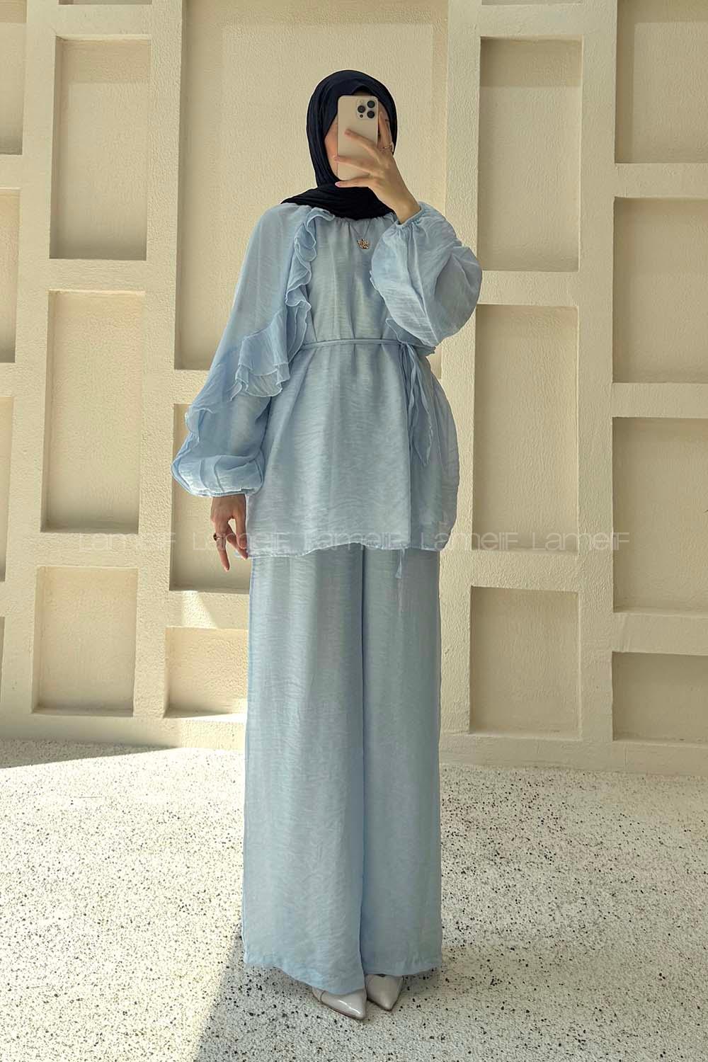 Baby Blue Crew Neck Long Arm Sandy Fabric Regular Trousers Comfortable Suit