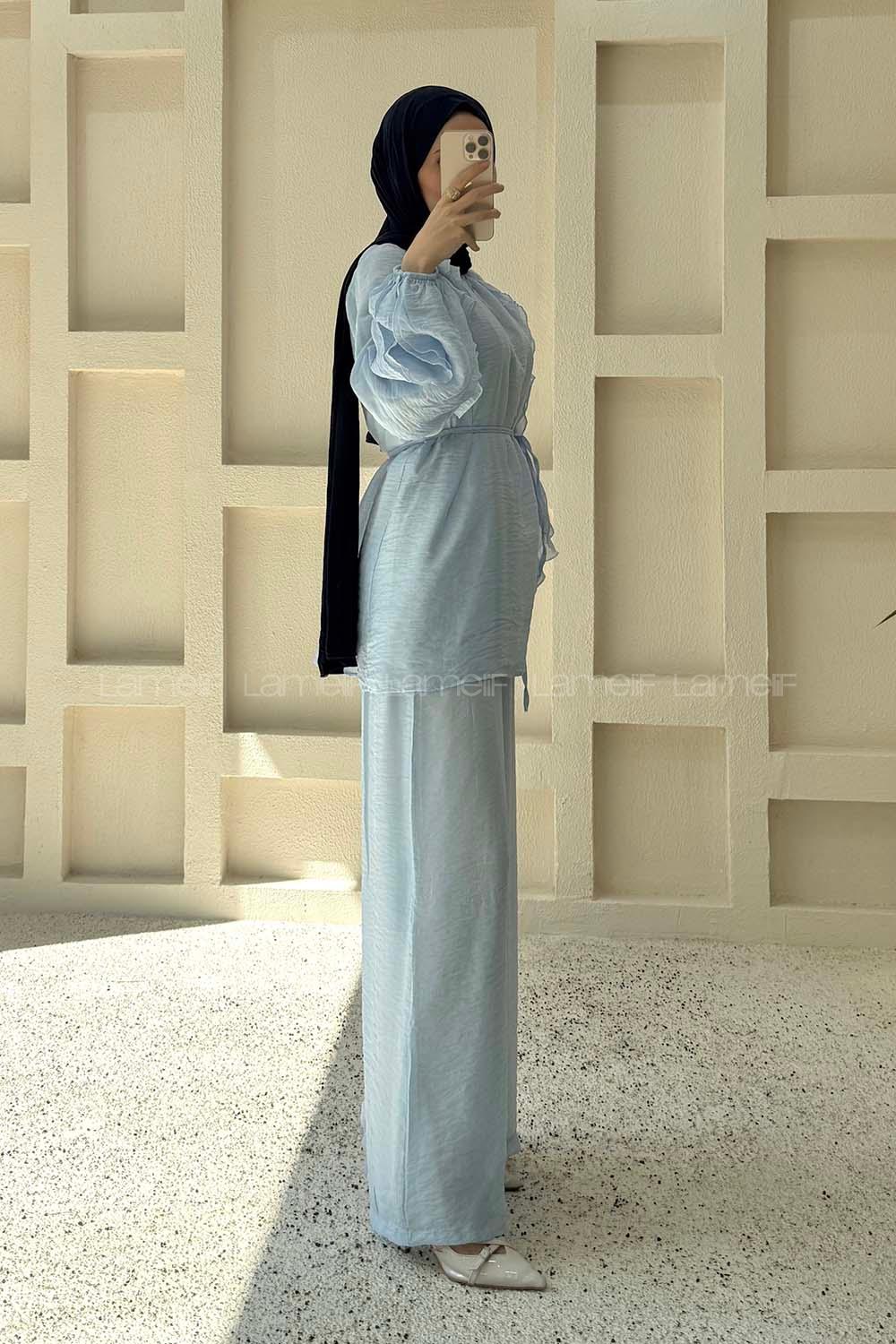 Baby Blue Crew Neck Long Arm Sandy Fabric Regular Trousers Comfortable Suit