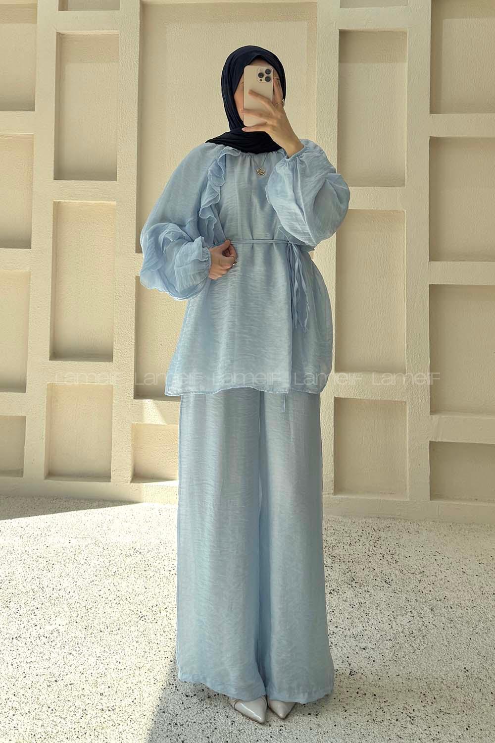 Baby Blue Crew Neck Long Arm Sandy Fabric Regular Trousers Comfortable Suit
