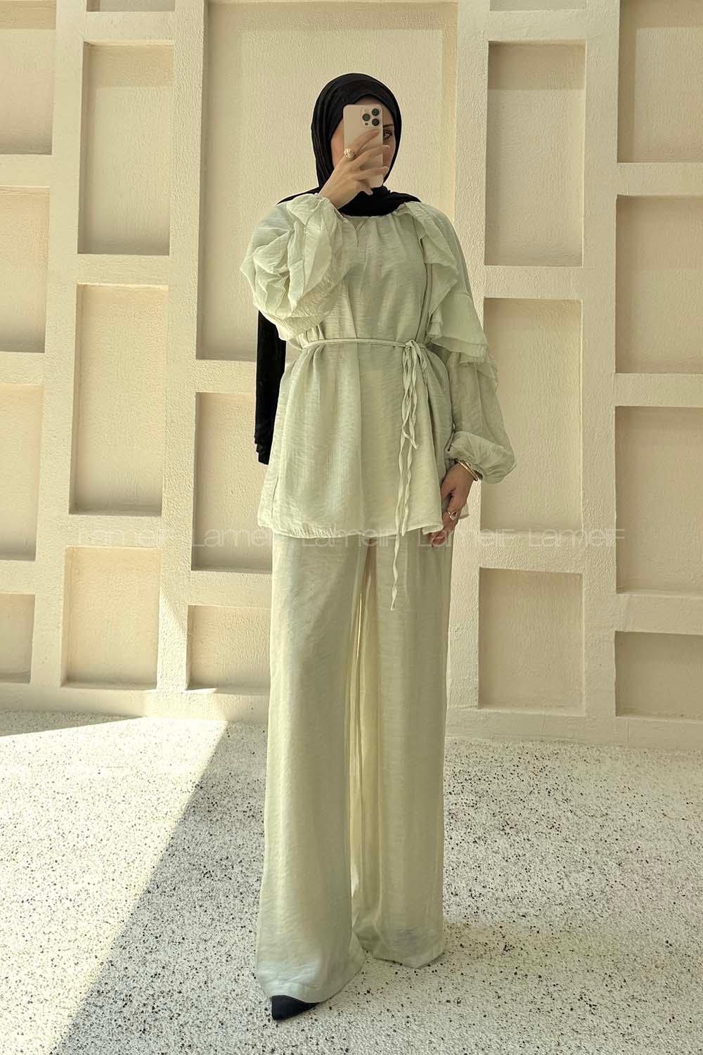 Mint Green Crew Neck Long Arm Sandy Fabric Regular Trousers Comfortable Suit