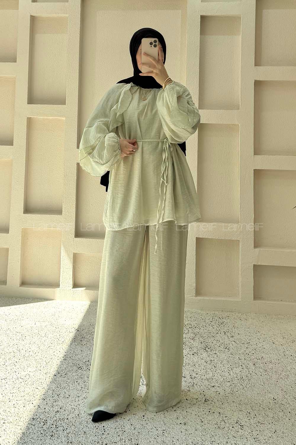 Mint Green Crew Neck Long Arm Sandy Fabric Regular Trousers Comfortable Suit