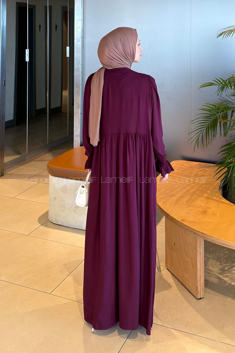 Lamelif Brit Düğmeli Tesettür Elbise Mürdüm