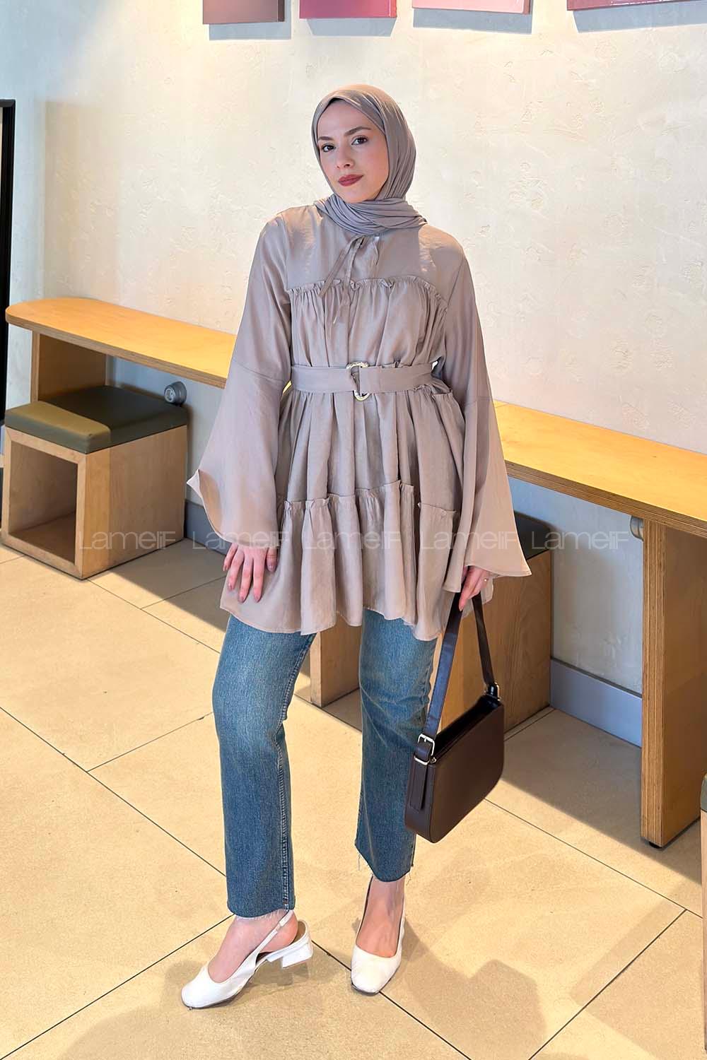 Lamelif Kat Detaylı Bağlamalı Tunik Bej