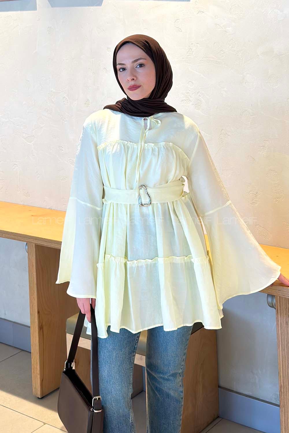 Lamelif Kat Detaylı Bağlamalı Tunik Sarı