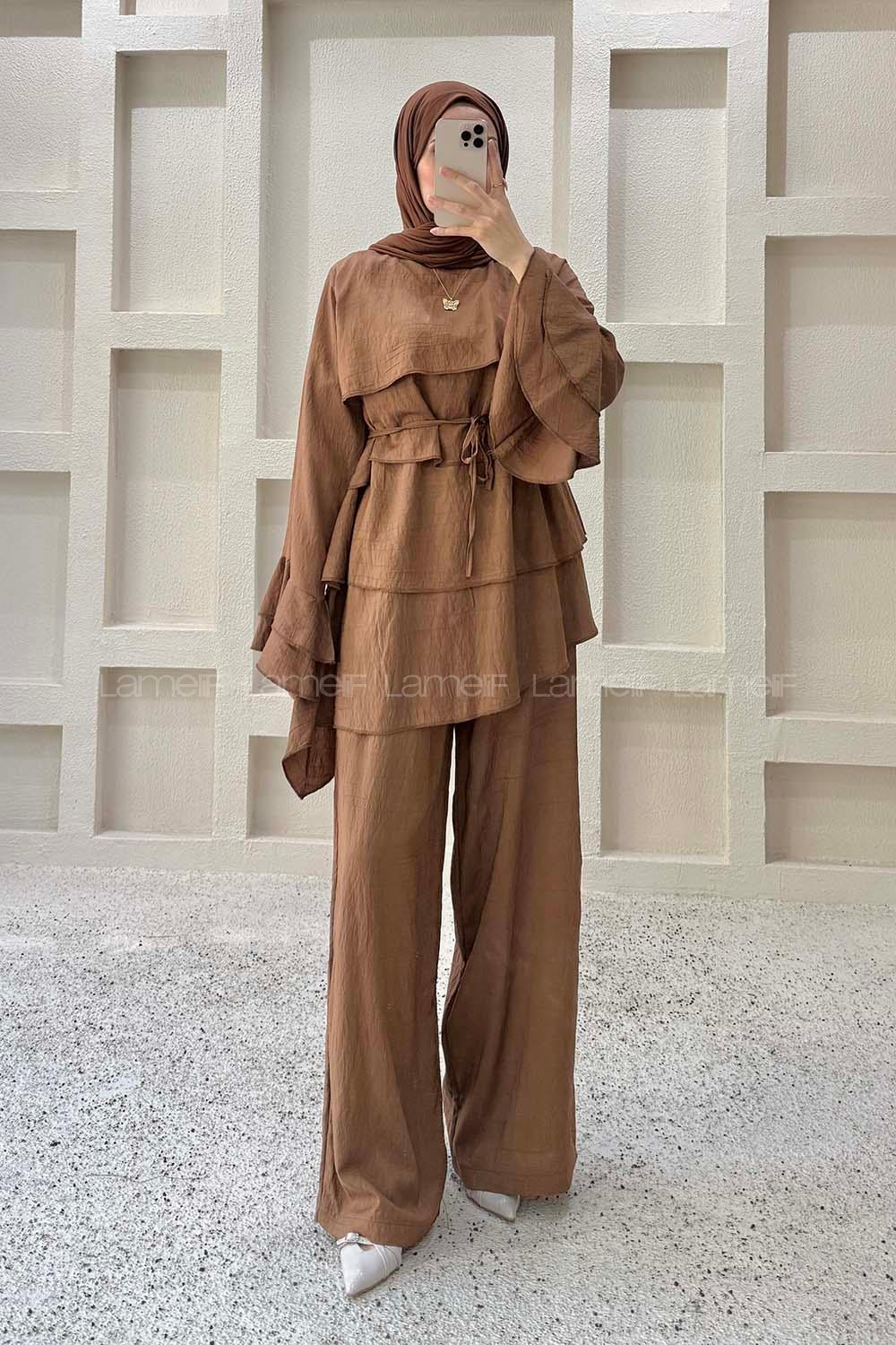Brown Crew Neck Long Arm Crepe Fabric Regular Trousers Comfortable Suit