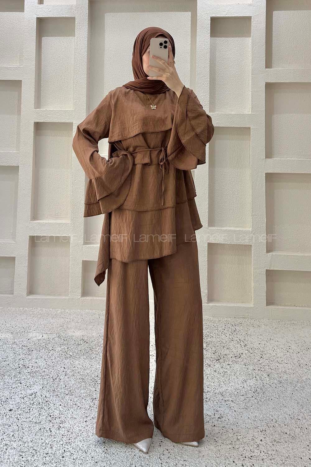 Brown Crew Neck Long Arm Crepe Fabric Regular Trousers Comfortable Suit