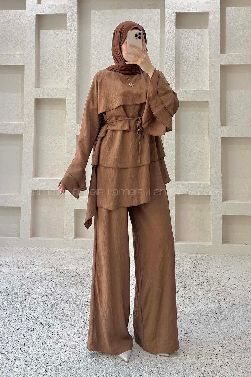 Brown Crew Neck Long Arm Crepe Fabric Regular Trousers Comfortable Suit