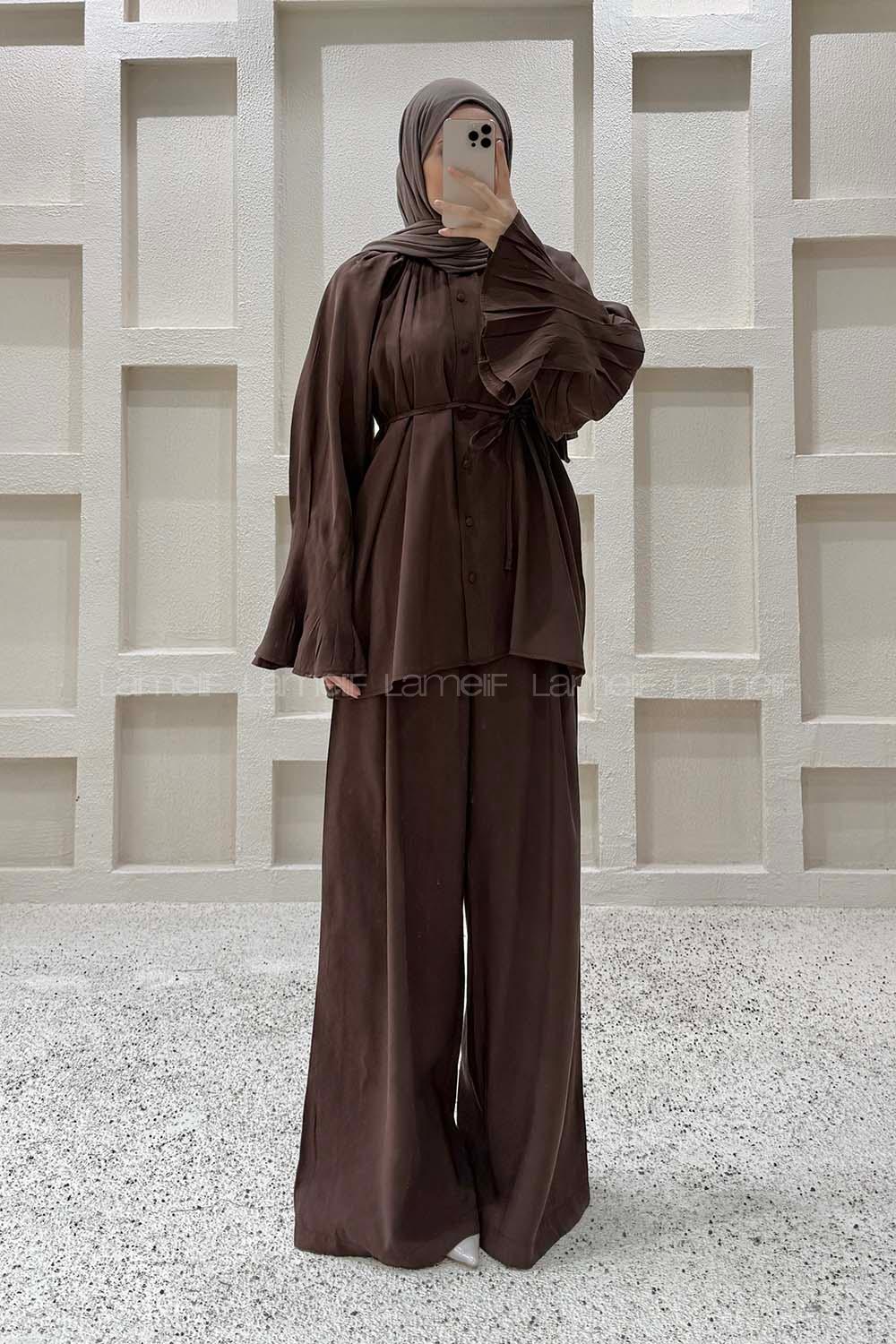 Bitter Brown Crew Neck Long Arm Cupra Regular Trousers Comfortable Suit