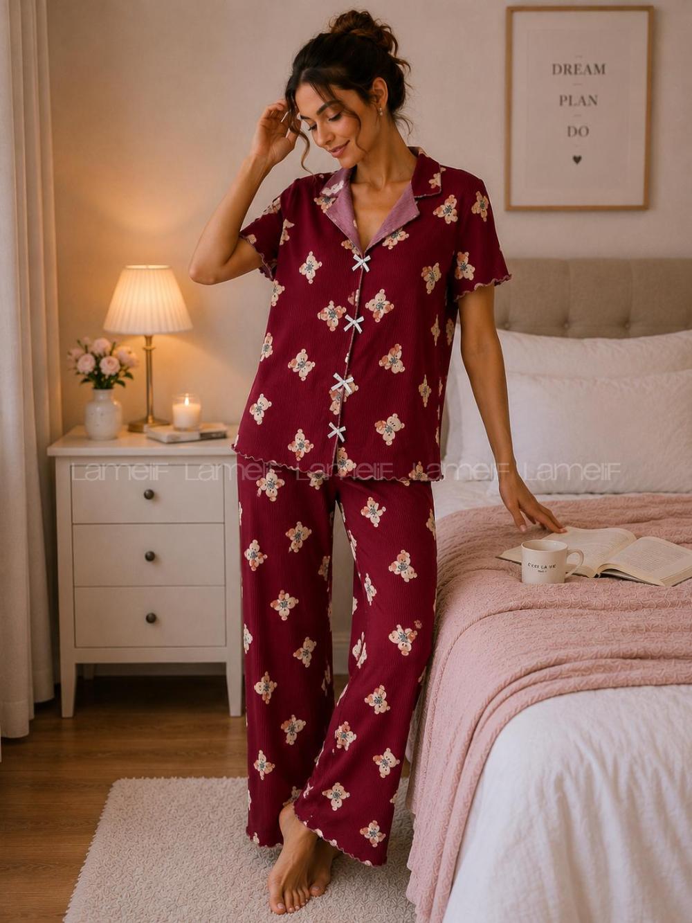 Lamelif Kadın Soft Touch Ayıcık   Desenli Pijama Takımı