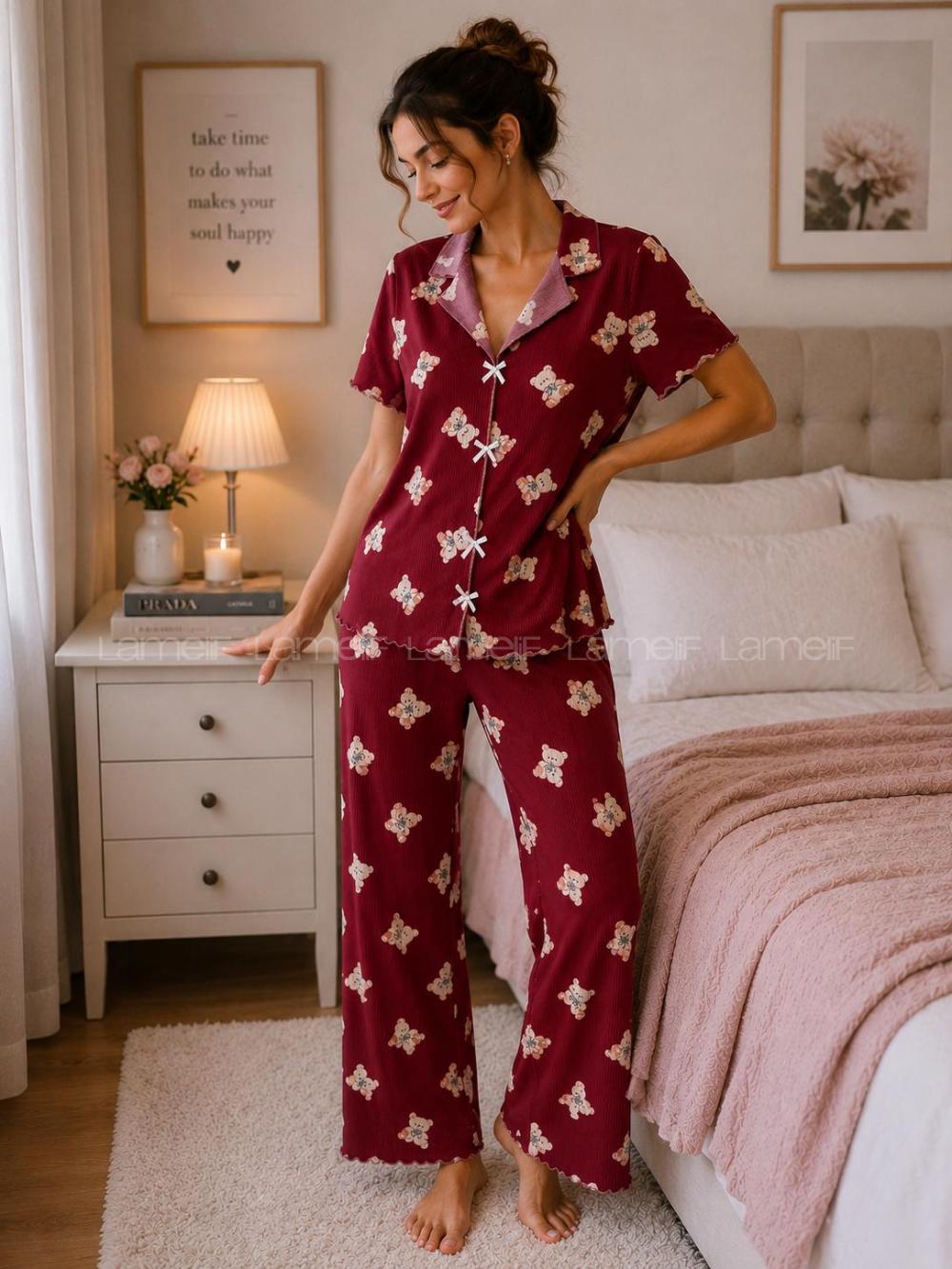 Lamelif Kadın Soft Touch Ayıcık   Desenli Pijama Takımı