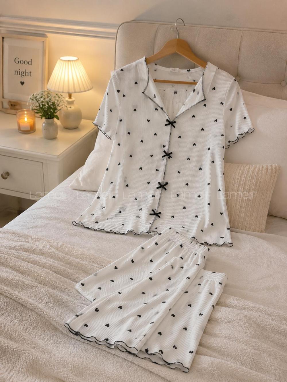 Lamelif Kadın Soft Touch Kalp Desenli Pijama Takımı