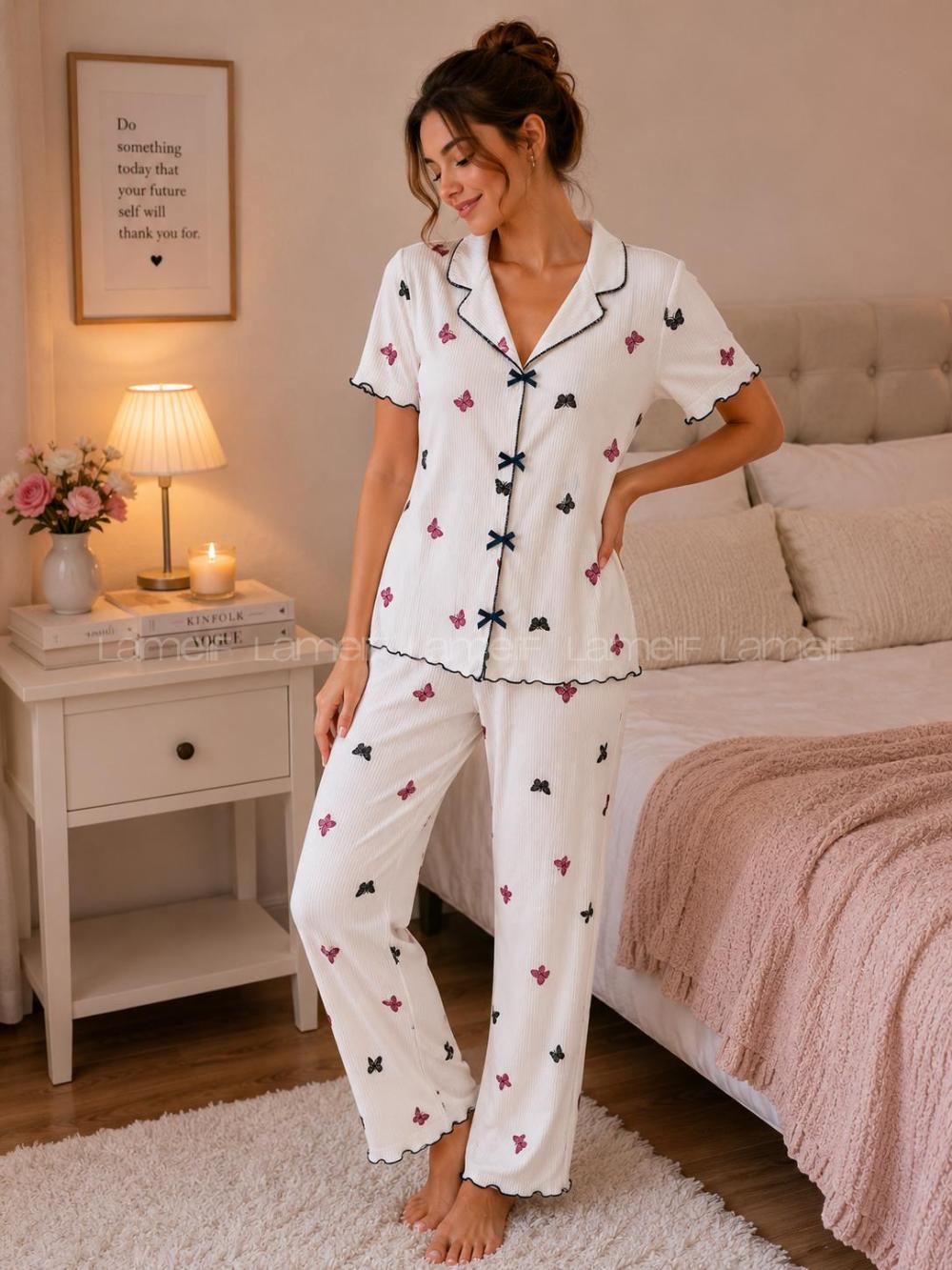 Lamelif Kadın Soft Touch Kelebek  Desenli Pijama Takımı
