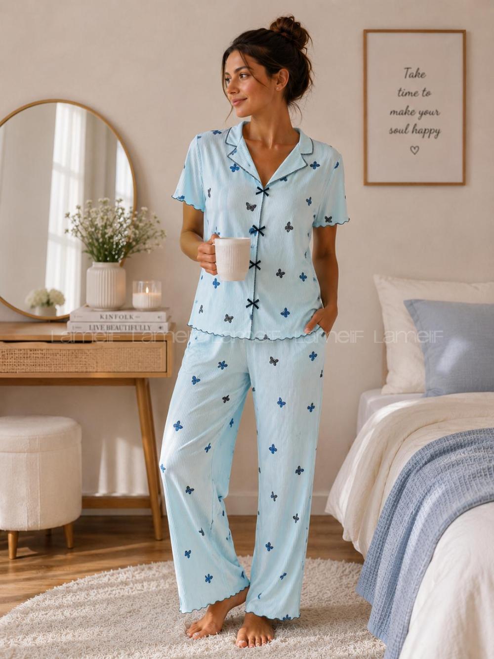 Lamelif Kadın Soft Touch Kelebek  Desenli Pijama Takımı