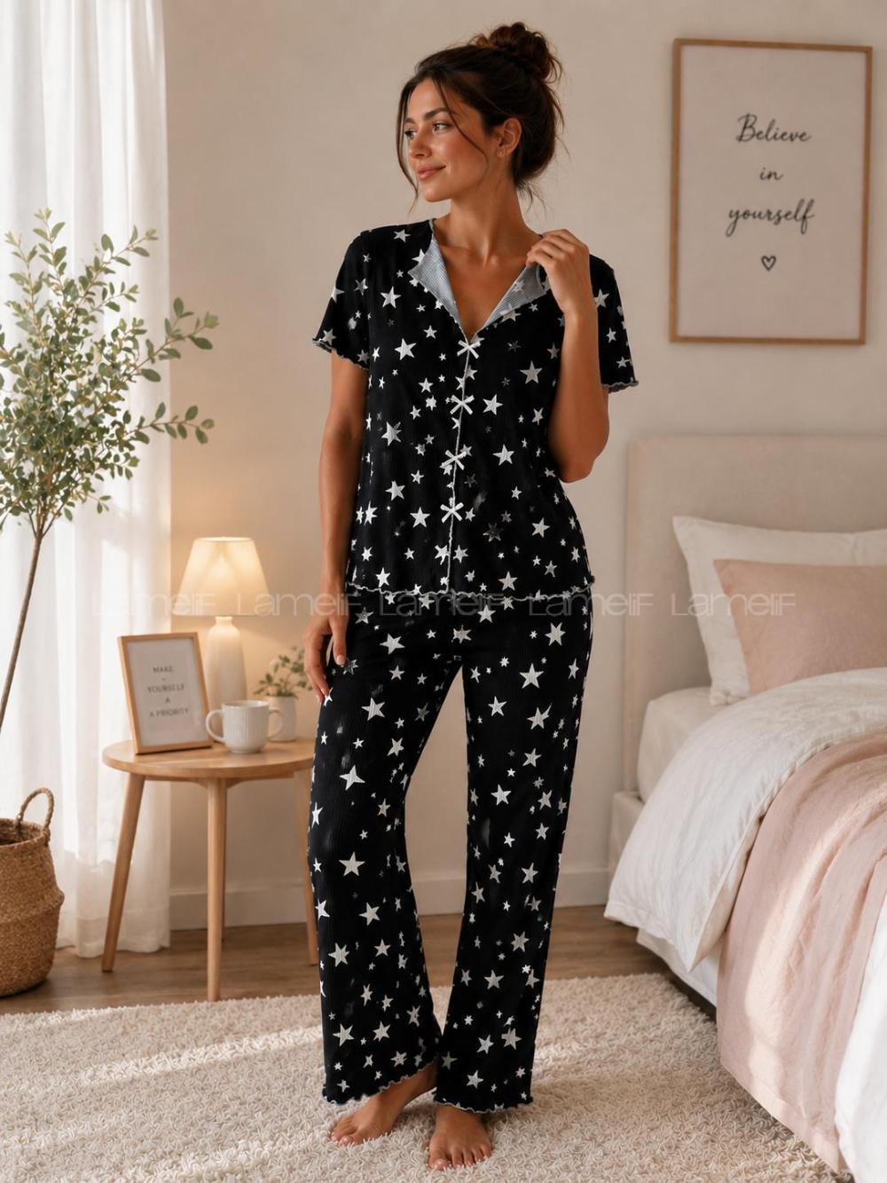 Lamelif Kadın Soft Touch Yıldız   Desenli Pijama Takımı
