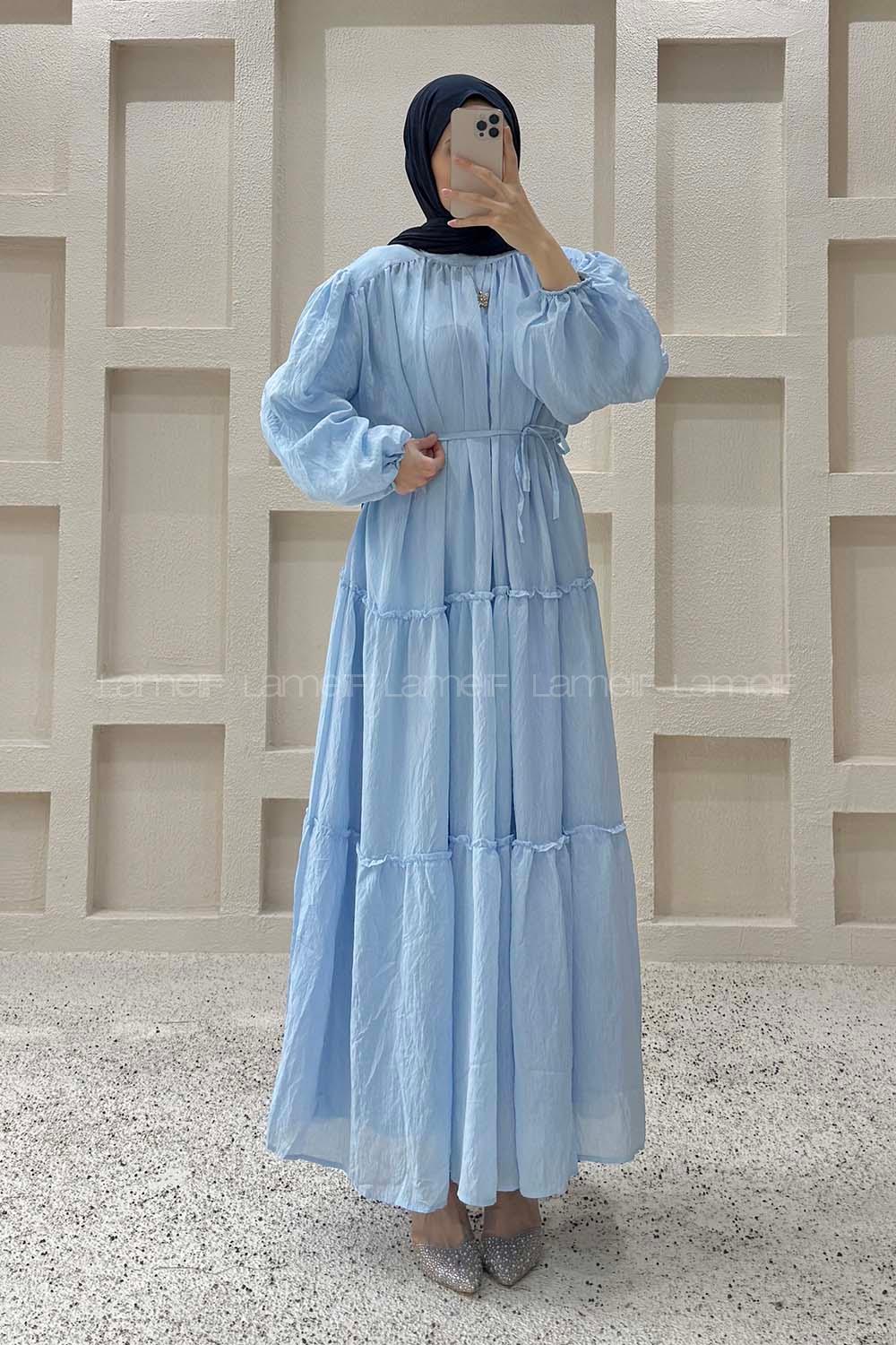 Baby Blue Crew Neck Ayrobin Unprinted Dresess
