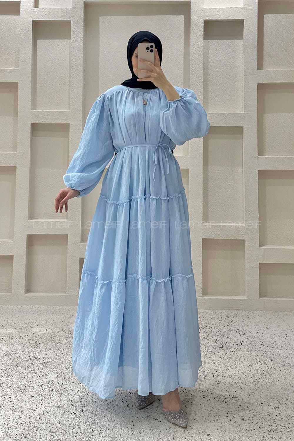 Baby Blue Crew Neck Ayrobin Unprinted Dresess